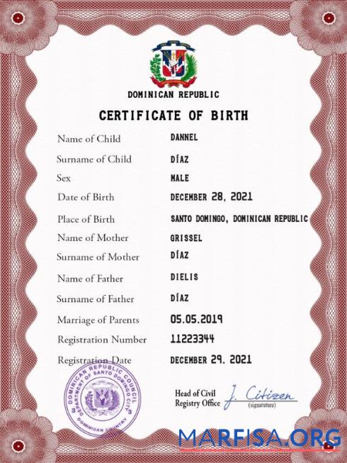 Downloadable Dominican Republic vital record birth certificate PSD download for verification